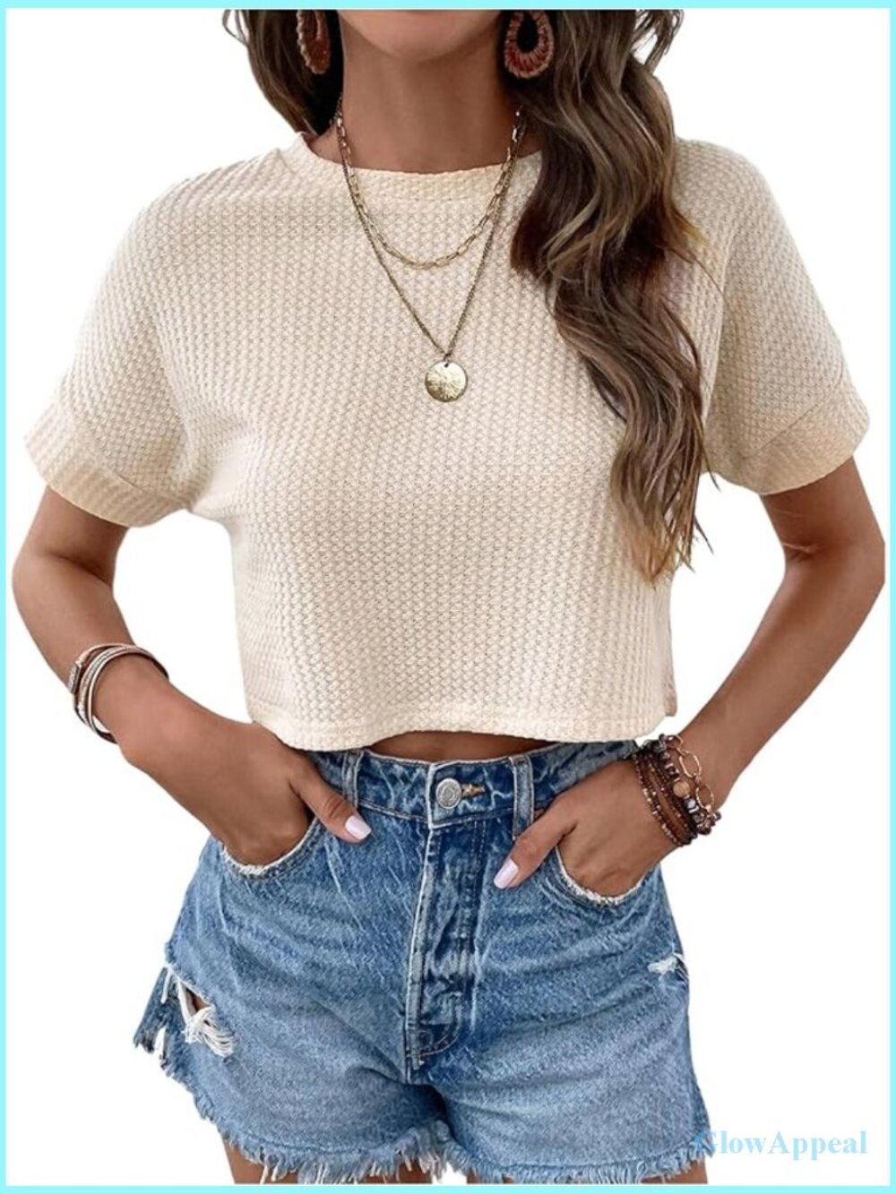 Crew Neck Waffle Knit Crop Top Short Sleeve Casual Tee